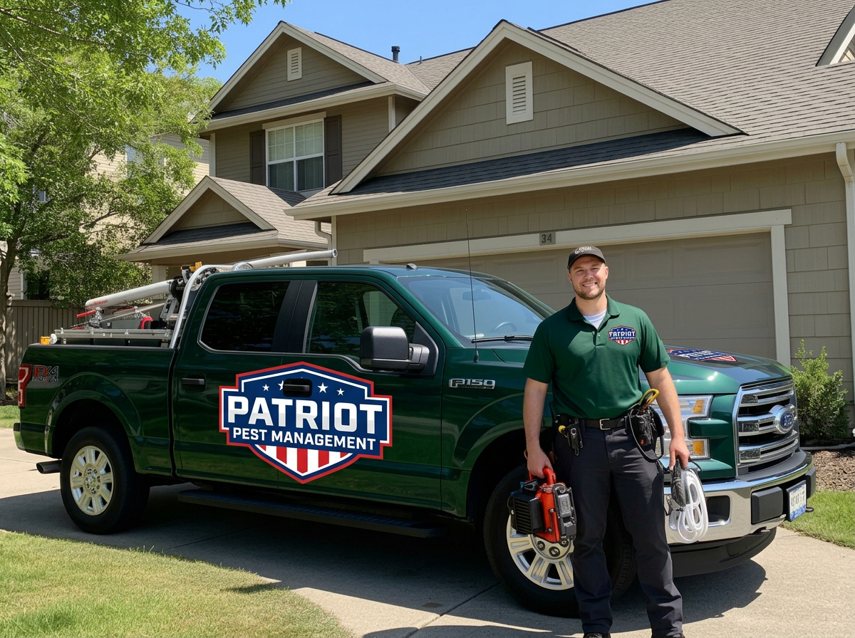 Patriot Pest Management branded truck with technician