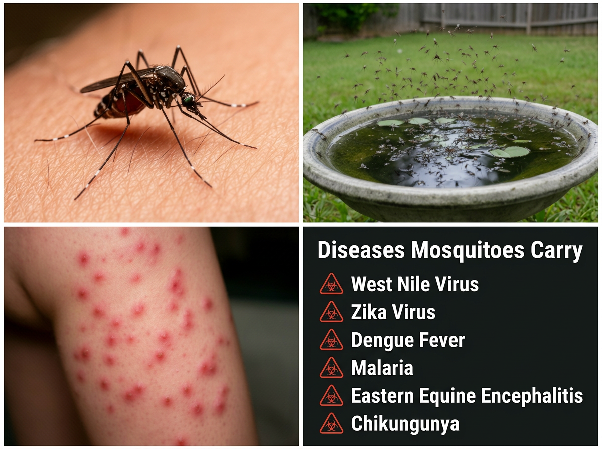 Mosquitoes swarming near standing water and patio area at dusk